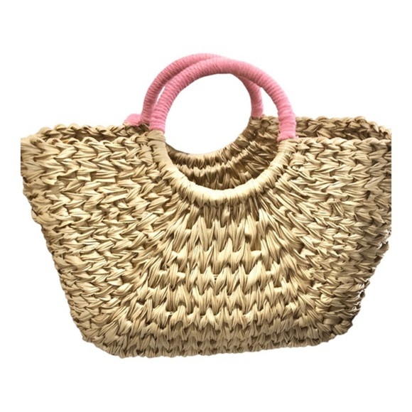 Wicker style straw natural basketweave pink knit pompom oversized beach tote new - Picture 6 of 16